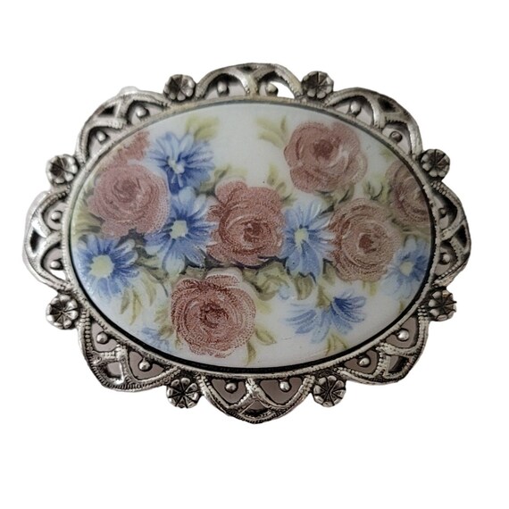 1928 Brand Silver Tone Oval Pink Blue Enamel Oval Glass Cameo Style Brooch E758