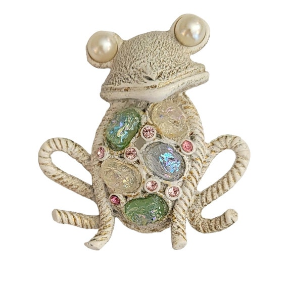 Hollycraft White Enamel Molded Glass, Rhinestone Frog Brooch, Signed M245