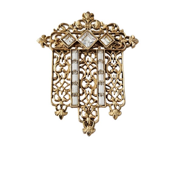 1928 Brand Brooch Art Deco Style Fleur De Lis Clear Rhinestones Bar Pin C916