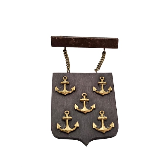 Vintage Shield Anchor Bar Brooch Chain Dangle Sailor Wood Pin J554