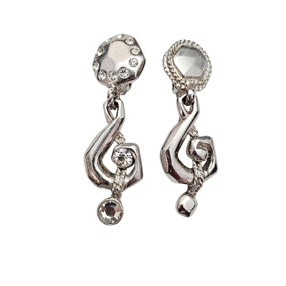 Ungaro Silver Tone Treble Clef Mismatched Clip On Rhinestone Earrings, J589