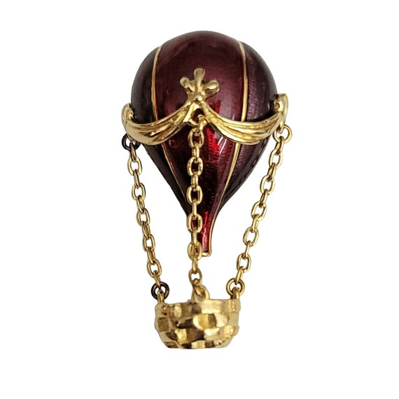 Joan Rivers Gold Tone Red Enamel Hot Air Balloon Pin Brooch, Signed
