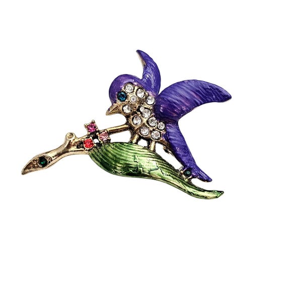 Vintage Mid Century Bird Brooch Purple Enamel Clear Rhinestone Pin J477
