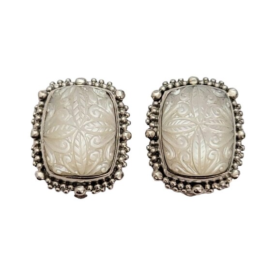 Stephen Dweck Sterling Silver Shell Carved Square Clip-On Earrings, Signed E973