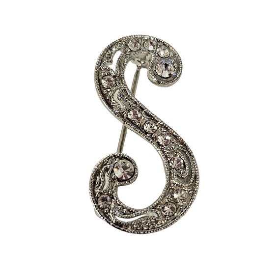 Monet Silver Tone Clear Rhinestone “S” Brooch Pin, Signed L84
