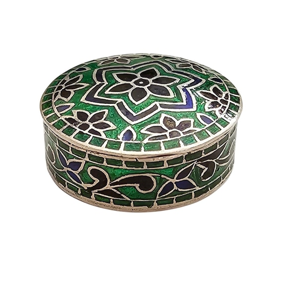 Sterling Green Blue Enamel Pill Trinket Box Star Flower Pattern C997