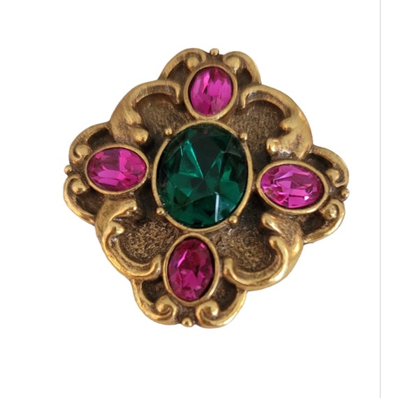 1928 Brand Gold Tone Pink Green Glass Rhinestone Square Scroll Brooch Pin K385