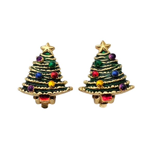 Christmas Tree Clip-On Earrings Green Enamel Multicolor Bulbs, L593