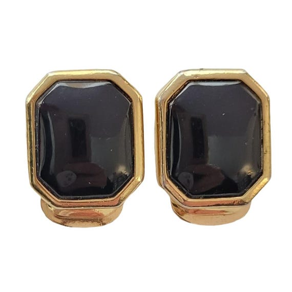 Christian Dior Vintage 1970s-80s Gold Tone Black Onyx Square Clip On Earrings Signed J01