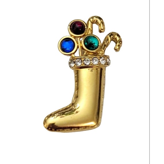 Monet Gold Tone Rhinestone Christmas Stocking Brooch Pin, Signed M749