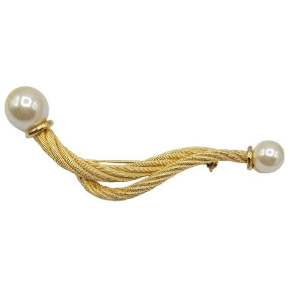 Christian Dior Gold Tone Twisted Rope Faux Pearl Bar Pin Brooch, Signed