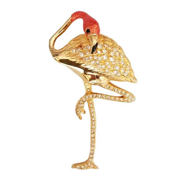 Swarovski Coral Color Enamel Clear Rhinestone Flamingo Brooch Pin M359
