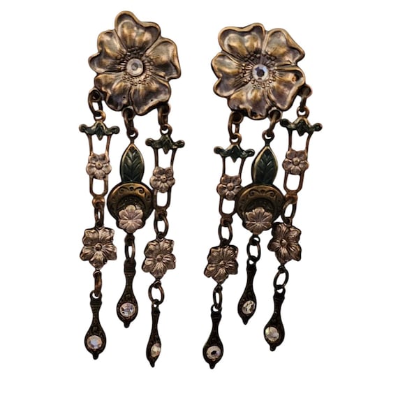 Victorian Revival Style Repousse Flower Crystal Long Dangle Post Earrings