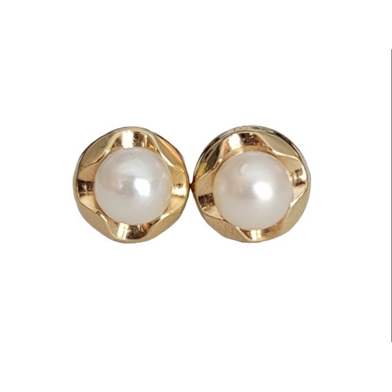 14K Yellow Gold Pearl Stud Post Earrings, Cross Design K420