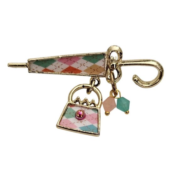 Gold Tone Vintage Umbrella Purse Dangle Charm Brooch