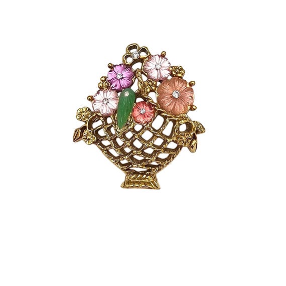 1928 Brand Flower Basket Brooch Molded Lucite, Rhinestone Pin C697