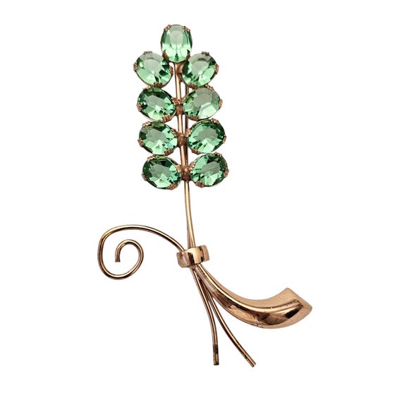 Coro Sterling Gold Vermeil Green Rhinestone Uranium Glass Flower Brooch Pin, Signed L959