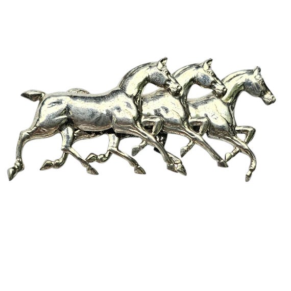 Sterling Silver Horses Brooch, Trio Stallions Pin