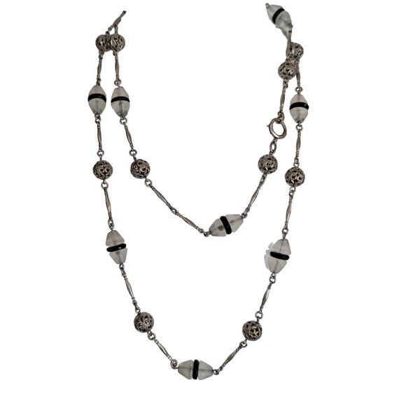 Art Deco Silver Tone Long Link Clear Cone Black Glass Bead Necklace Approx. 40" L, K215