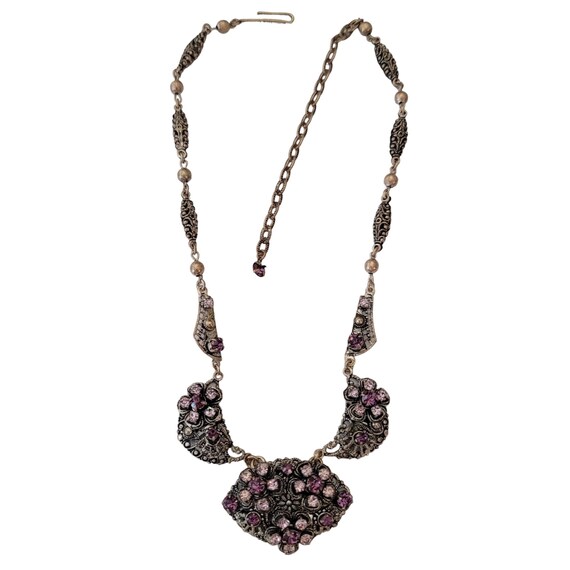 West Germany Gold Tone Filigree Bead Purple Prong Set Rhinestone Collar Style Link Chain Necklace E522