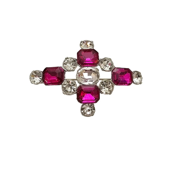 Pink Clear Rhinestone 1940s-50s Maltese Cross Brooch C783