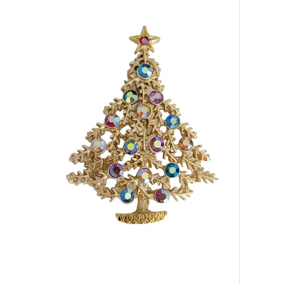 Gold Tone Pink Blue AB Rhinestone Christmas Tree Brooch, K32