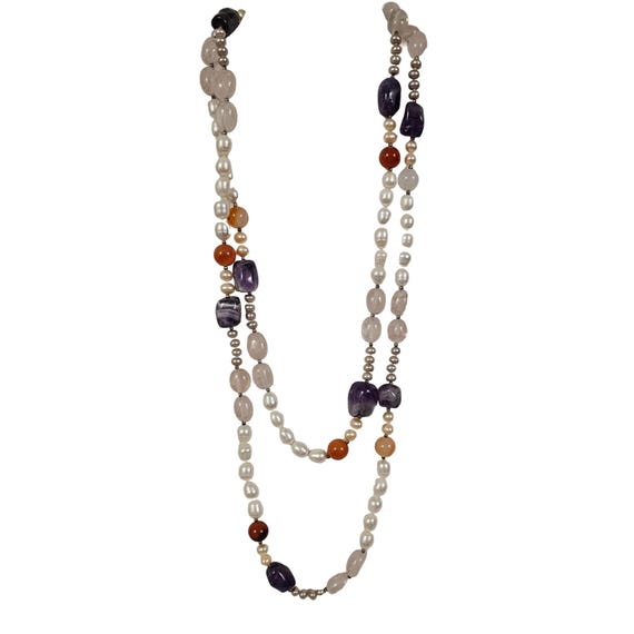 Pearl, Amethyst Cornelian Sterling Bead Knotted Strand Necklace 60" Long L294