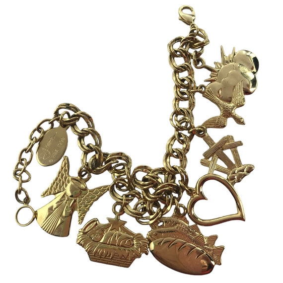 Jane Davis HBA 1998 Gold Tone Christian Cross, Dove, Angel Charm Bracelet, M49
