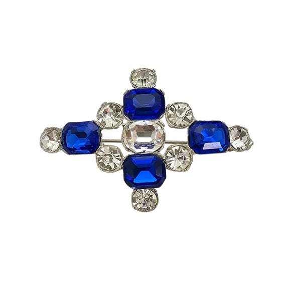 1940s Dark Blue Rhinestone Cross Brooch New Old Stock Pot Metal Pin