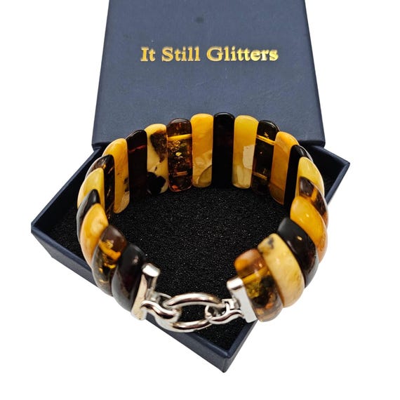 Sterling Silver Amber Oblong Tablet Bead Bracelet Hinged Fold Over Clasp J720