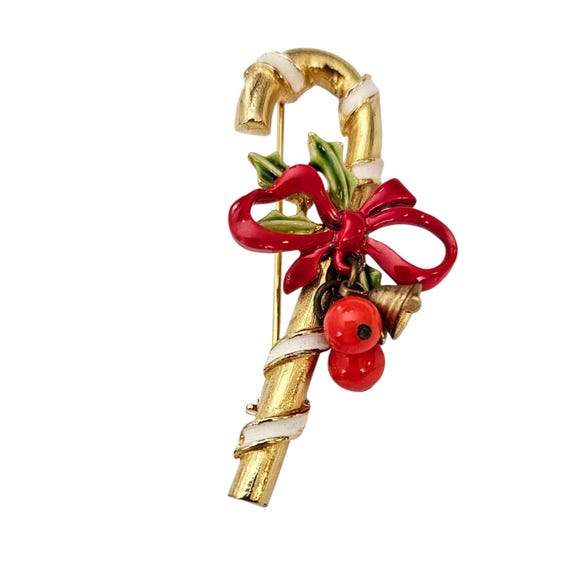 ART Arthur Pepper Candy Cane Red Bow, Holly Brooch  Jingle Bell Pin, Signed