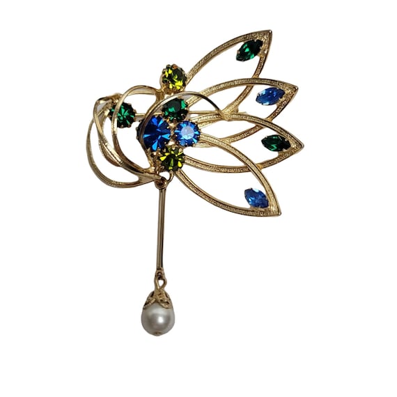Alice Caviness Goldtone Rhinestone Ribbon Faux Pearl Dangle Brooch