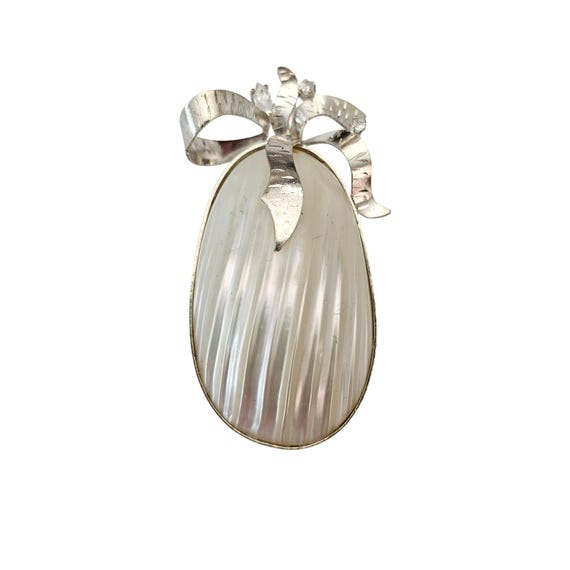 Sterling Silver Blister Pearl Brooch Pendant Clear Rhinestone Bow Pin J625