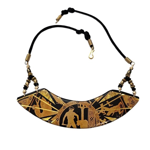 John Crutchfield Metallic Resin Egyptian Story Teller Collar Necklace 16” Cord L607