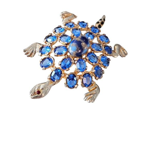 Pot Metal Brooch Blue Open Back Rhinestone Turtle Pin J363