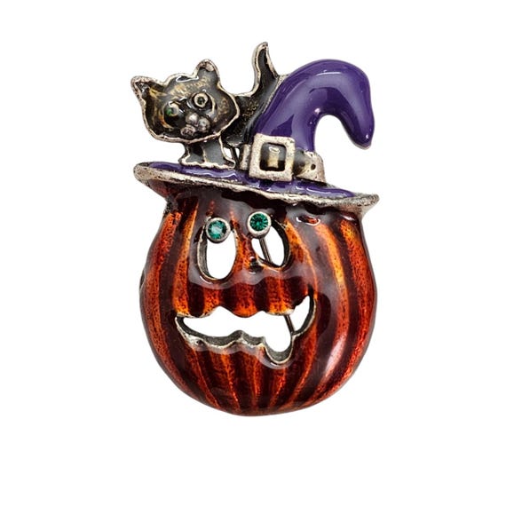 Pumpkin In Witch Hat Brooch, Black Cat L429