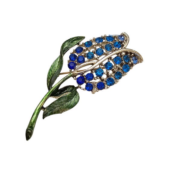Multi Blue Rhinestone Tulip Flower Brooch Green Enamel Pin C789