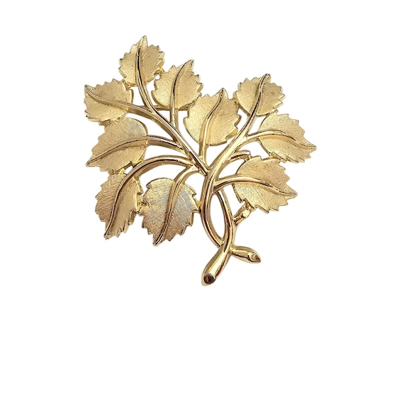 Trifari Linen Finish Leaf Brooch Leaves Branch Gold Tone Pin Signed J501