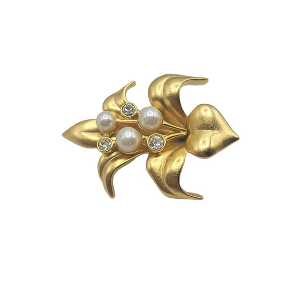 Swarovski Goldtone Pearl Flower, Leaf Lily Brooch… - image 3