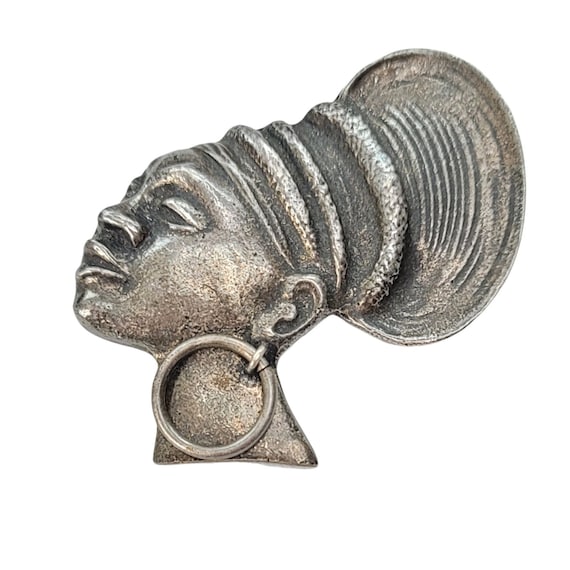 Silvertone African Lady Headdress Brooch, Pendant Unsigned