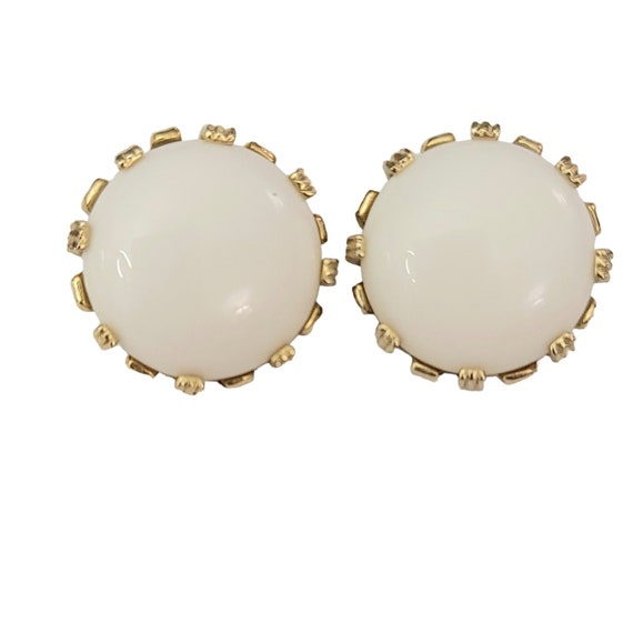 Ledo Gold Tone Round White Milk Glass Clip On Earrings, Signed