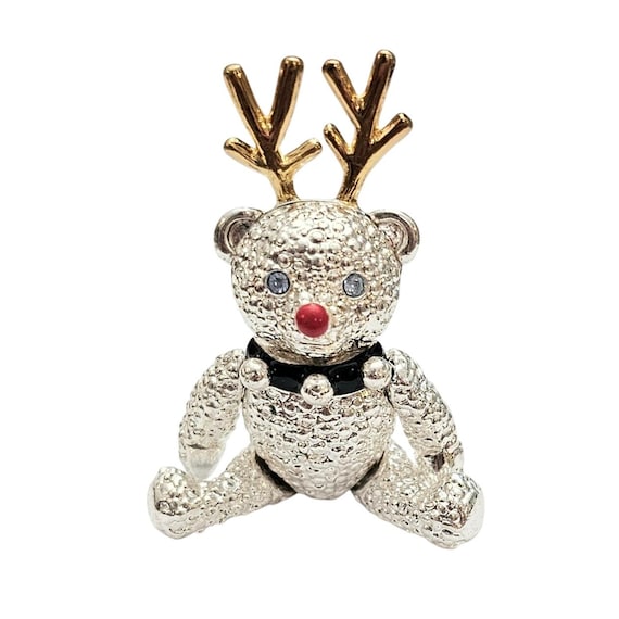 Napier Articulated Christmas Bear Brooch Red Nose Antler Pin, Signed