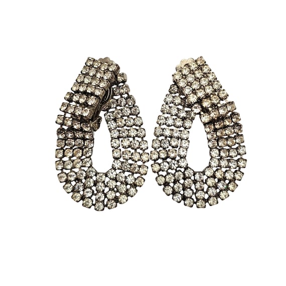 Clear Rhinestone Clip-On Tear Drop Hoop Earrings C756