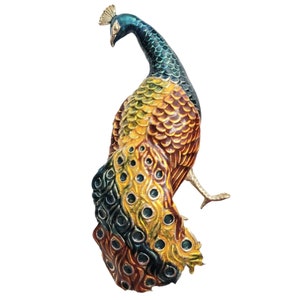 Silver Gold-Tone Blue Yellow Red Enamel Peacock Brooch