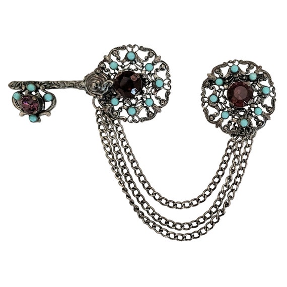 Silver Tone Red Blue Lucite Rhinestone Key Brooch Chatelaine-Style Brooch Set M713
