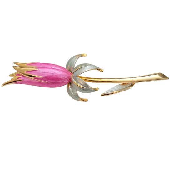 Park Lane Gold Tone Pink Green Enamel Modernist Tulip Flower Brooch Pin, Signed E870