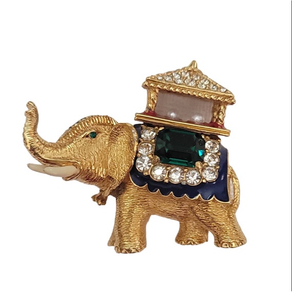 Ciner Gold Tone Clear Green Rhinestone Faux Pearl Maharaja Howdah Elephant Brooch K744