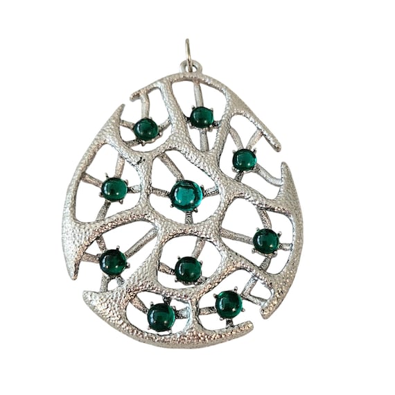 JJ Jonette Modernist Green Glass Cabochon Egg Pendant HTF Signed, L478