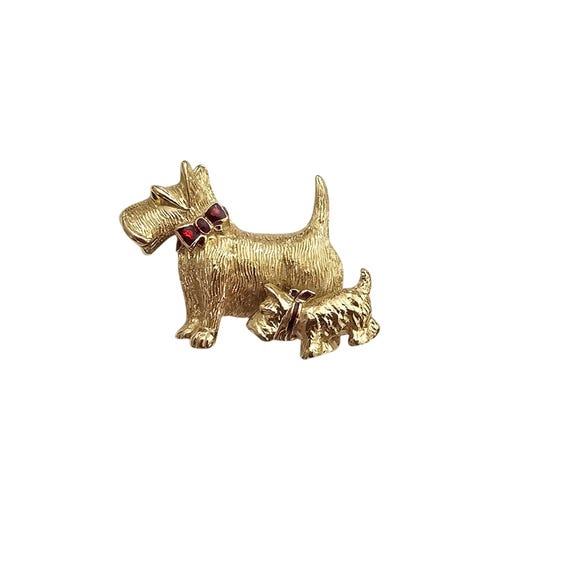Carolee Terriers Brooch Mom Puppy Red Bow Dog Pin Signed J300