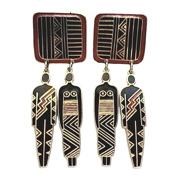 Laurel Burch Vintage 1980's "Friends" Red Black Enamel Tribal Man & Woman Dangle Pierced Post Earrings, Signed